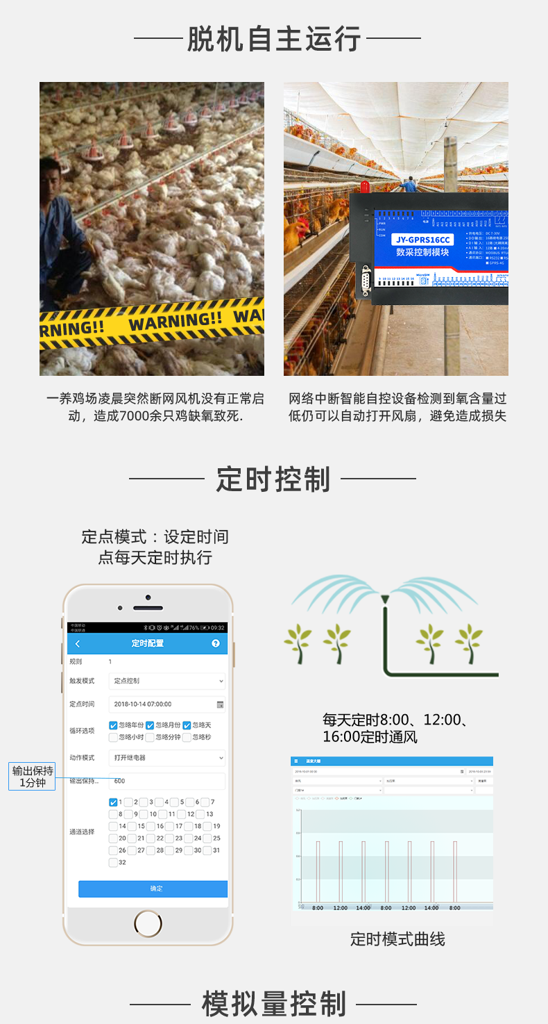 16路溫室大棚/漁業(yè)養(yǎng)殖云平臺遠(yuǎn)程監(jiān)測系統(tǒng)基礎(chǔ)版脫機自控，定時控制