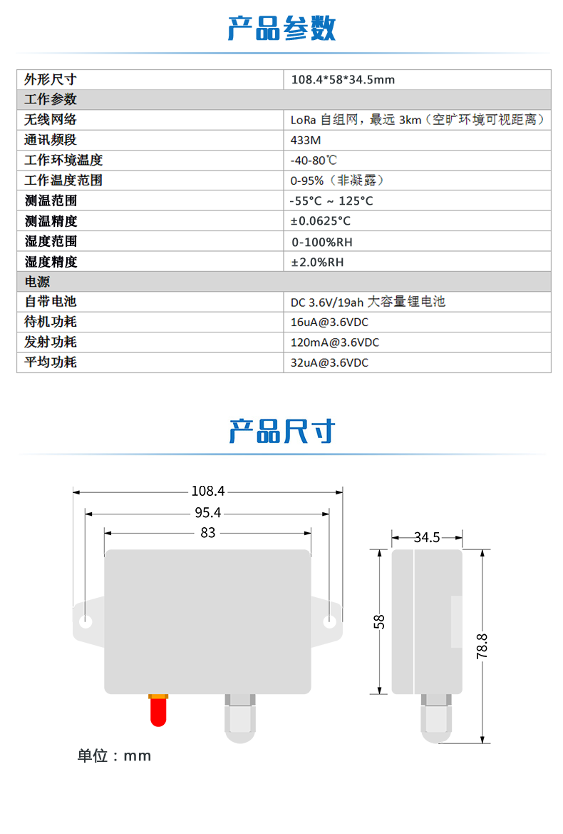 lora系列溫度/濕度采集模塊產(chǎn)品參數(shù)